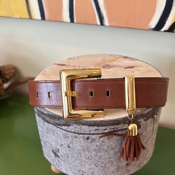 Escada 🔥brown  🎉HP🎉 Leather Belt with a tassel and gold buckle made in Germany - Picture 1 of 5